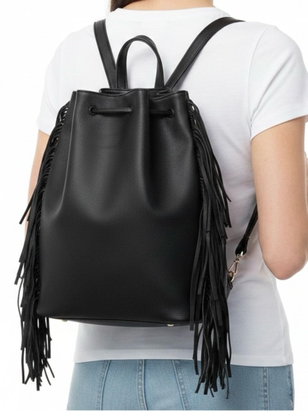 Victoria's Secret Black Fringe Drawstring Backpack